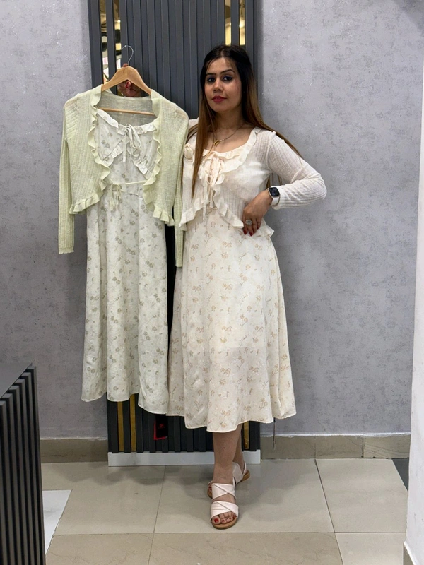 131732 Vintage Floral Midi Dress with Ruffled Shrug - Elegant & Chic