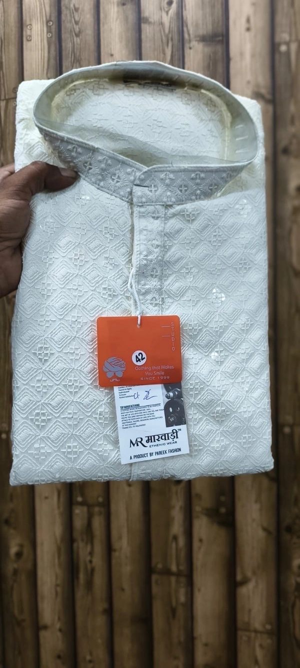 PROFITKART Men’s Viscose Rayon Self-Embroidery Kurta – Festive & Wedding Wear - White, L