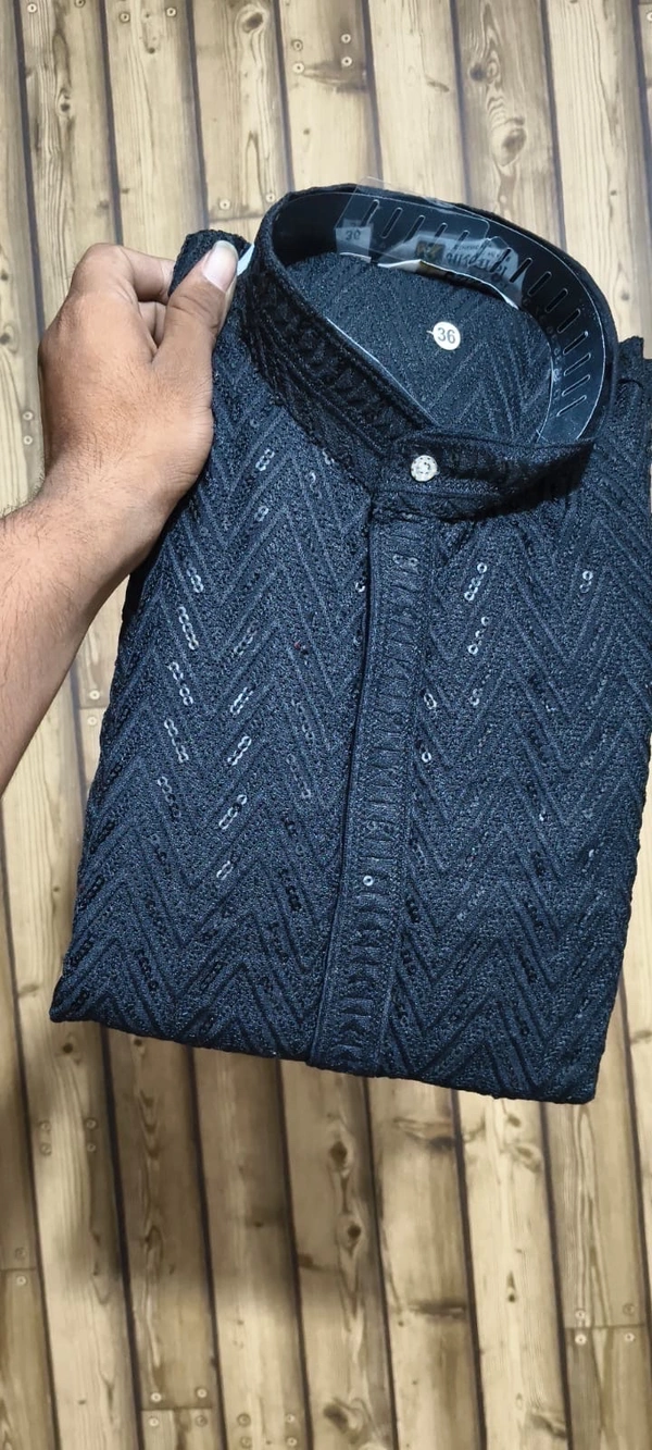 PROFITKART Men’s Viscose Rayon Elegant Embroidery Kurta – Festive Style - Black, XL