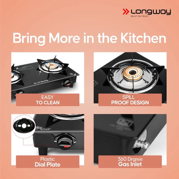 Longway Furn Glass Top, 2 Burner Auto Ignition Glass Gas Stove (Black, ISI Certified)