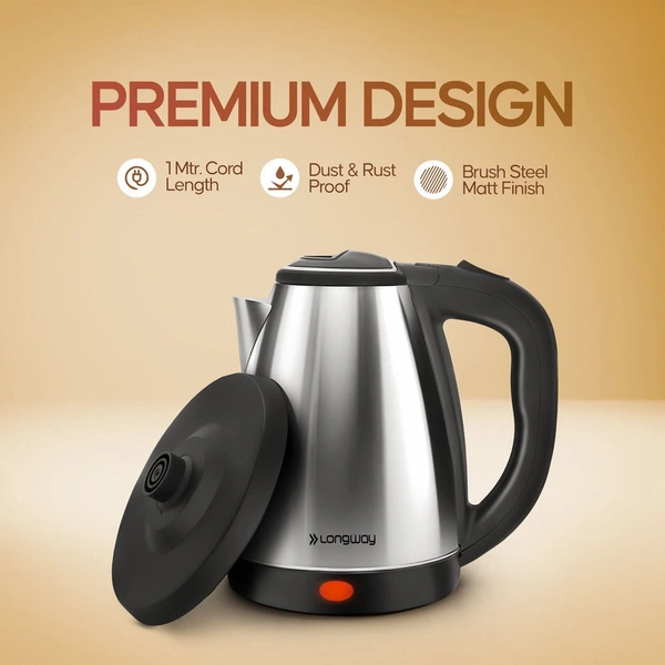 Longway Kestro 2 Ltr Electric Kettle With Stainless Steel Body For Boiling (Silver & Black, 1500 Watt)