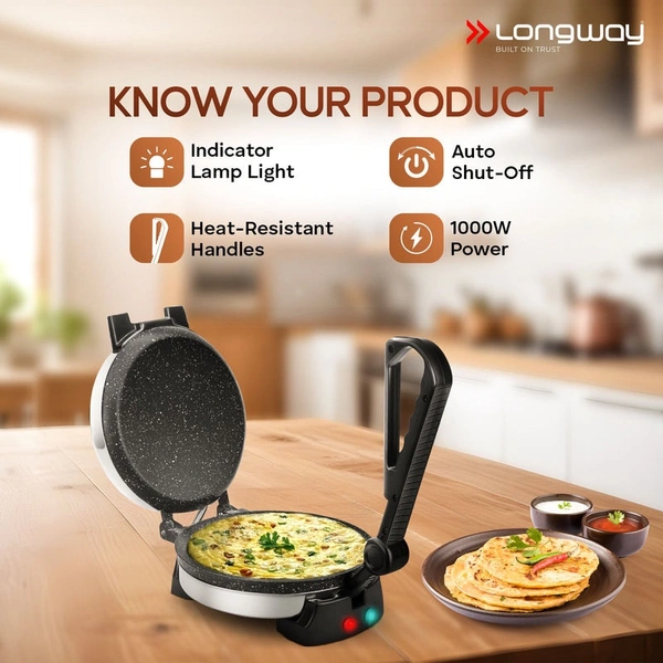 Longway Automatic Electric Roti Maker | Non-Stick Stainless Steel Press For Roti, Chapati & Parathas Multipurpose | (1000 W, Silver)