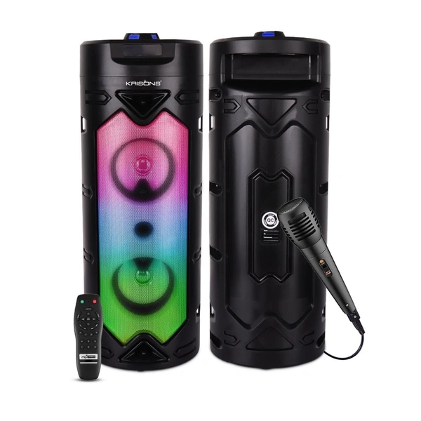 Krisons Cylender 333 – 50W Bluetooth Party Tower Speaker with Double 4" Woofers, RGB Lights, FM, USB, SD & Wired Mic