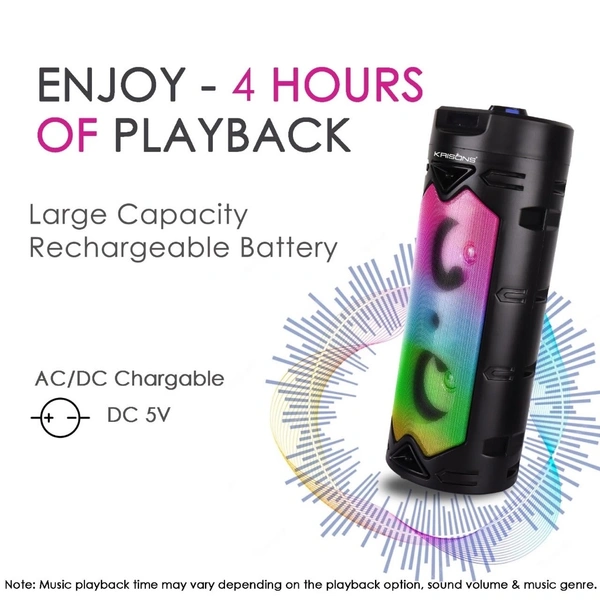 Krisons Cylender 333 – 50W Bluetooth Party Tower Speaker with Double 4" Woofers, RGB Lights, FM, USB, SD & Wired Mic