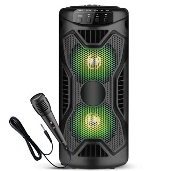 Krisons KRISONS Rockstar 4” Double Woofer 20W Multi-Media Bluetooth Party Speaker with Wired Mic for Karaoke, RGB Lights, USB, SD Card and FM Radio