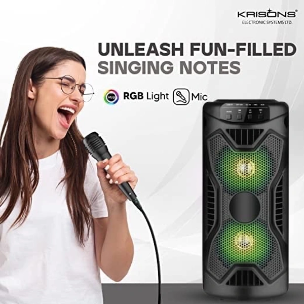 Krisons KRISONS Rockstar 4” Double Woofer 20W Multi-Media Bluetooth Party Speaker with Wired Mic for Karaoke, RGB Lights, USB, SD Card and FM Radio