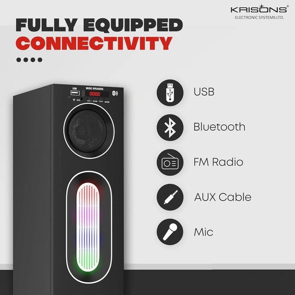 Krisons Cloudbuster Tallboy Tower Speaker, Multimedia Home Theatre, Floor Standing Speaker, RGB Lights, with Bluetooth, FM, USB, AUX Connectivity