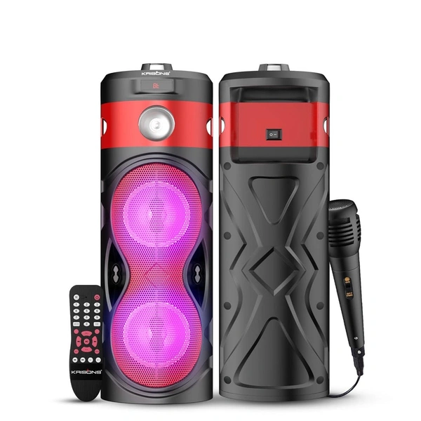 Krisons Cylender 111 40W Portable Speaker with 4" Double Woofers, Free Wired Mic for Karaoke, in Built Torch, Remote Control with Bluetooth, FM, USB, Micro SD Card Connectivity (Red)