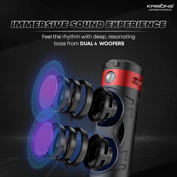 Krisons Cylender 111 40W Portable Speaker with 4" Double Woofers, Free Wired Mic for Karaoke, in Built Torch, Remote Control with Bluetooth, FM, USB, Micro SD Card Connectivity (Red)