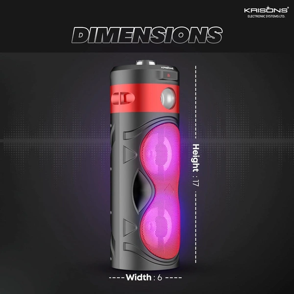 Krisons Cylender 111 40W Portable Speaker with 4" Double Woofers, Free Wired Mic for Karaoke, in Built Torch, Remote Control with Bluetooth, FM, USB, Micro SD Card Connectivity (Red)