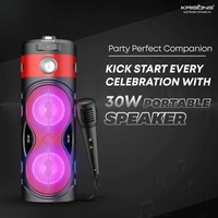 Krisons Cylender 111 40W Portable Speaker with 4" Double Woofers, Free Wired Mic for Karaoke, in Built Torch, Remote Control with Bluetooth, FM, USB, Micro SD Card Connectivity (Red)