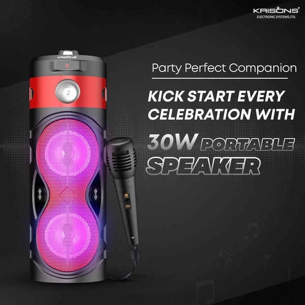 Krisons Cylender 111 40W Portable Speaker with 4" Double Woofers, Free Wired Mic for Karaoke, in Built Torch, Remote Control with Bluetooth, FM, USB, Micro SD Card Connectivity (Red)