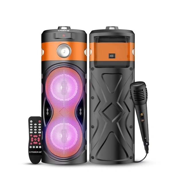 KRISONS Krisons Cylender 111 40W Portable Speaker with 4" Double Woofers,Free Wired Mic for Karaoke, in Built Torch, Remote Control with Bluetooth, FM, USB, Micro SD Card Connectivity (Orange)