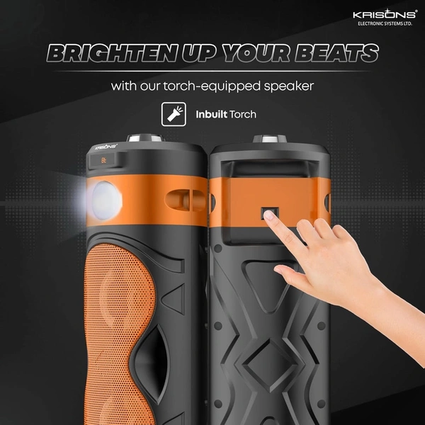 KRISONS Krisons Cylender 111 40W Portable Speaker with 4" Double Woofers,Free Wired Mic for Karaoke, in Built Torch, Remote Control with Bluetooth, FM, USB, Micro SD Card Connectivity (Orange)