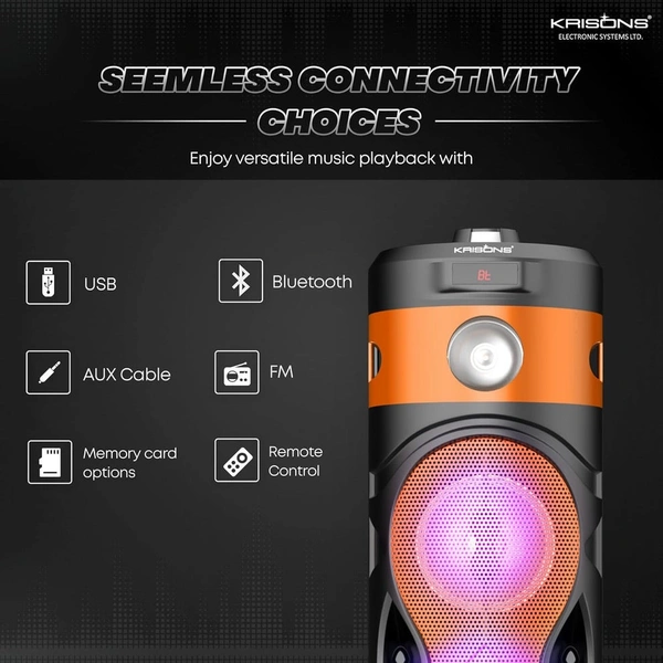 KRISONS Krisons Cylender 111 40W Portable Speaker with 4" Double Woofers,Free Wired Mic for Karaoke, in Built Torch, Remote Control with Bluetooth, FM, USB, Micro SD Card Connectivity (Orange)