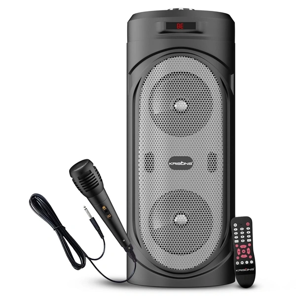 KRISONS Krisons 4" SilverStar Double Woofer 40W Multi-Media Bluetooth Party Speaker with Wired Mic for Karaoke,Digital Display, RGB Lights, USB, SD Card and FM Radio