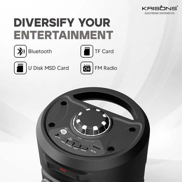 KRISONS Krisons 4" SilverStar Double Woofer 40W Multi-Media Bluetooth Party Speaker with Wired Mic for Karaoke,Digital Display, RGB Lights, USB, SD Card and FM Radio