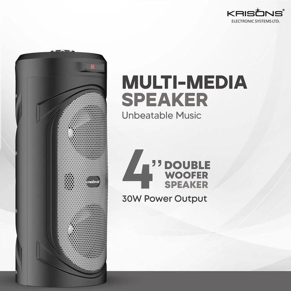 KRISONS Krisons 4" SilverStar Double Woofer 40W Multi-Media Bluetooth Party Speaker with Wired Mic for Karaoke,Digital Display, RGB Lights, USB, SD Card and FM Radio