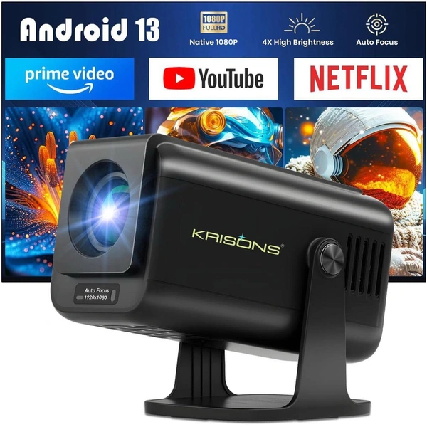 Krisons Razor-004 Smart Projector|1080P Native |4K HD Short Throw|Bluetooth Remote|Upto18000 Lumens|Wi-Fi 6/BT5.4|Android 13| Auto Focus/Keystone |Primevideo,Hotstar,NetfliX|HDMI, USB,Screen Mirroring
