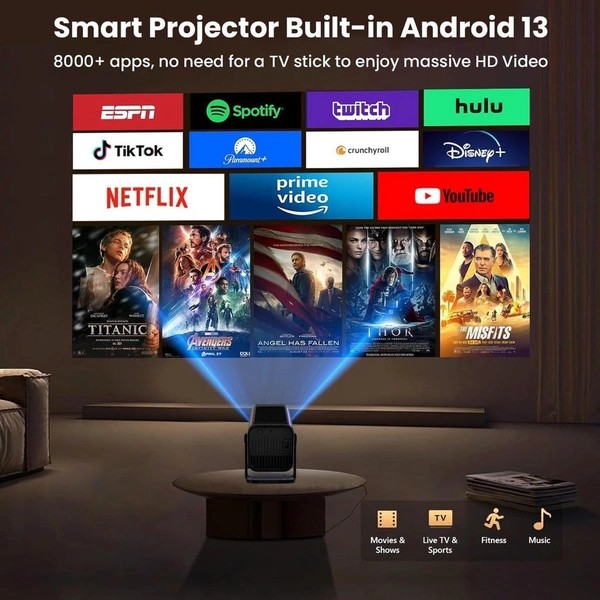 Krisons Razor-004 Smart Projector|1080P Native |4K HD Short Throw|Bluetooth Remote|Upto18000 Lumens|Wi-Fi 6/BT5.4|Android 13| Auto Focus/Keystone |Primevideo,Hotstar,NetfliX|HDMI, USB,Screen Mirroring