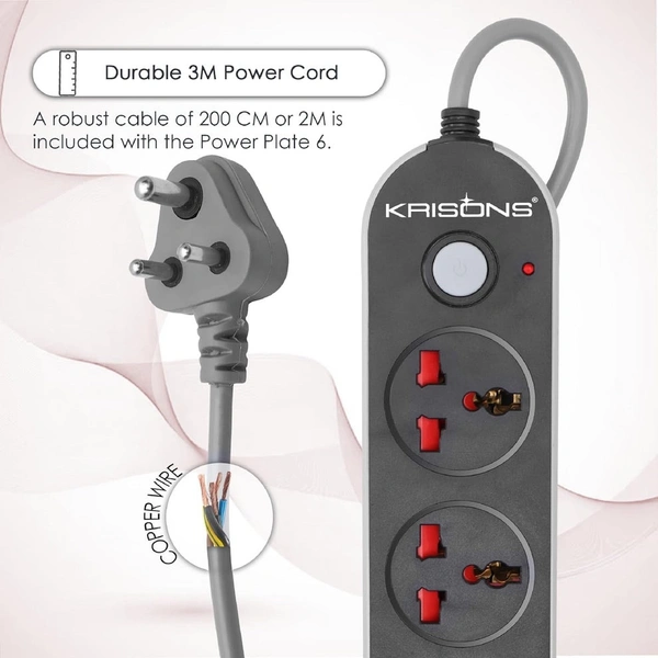 Krisons Power Plate 001 with 3 USB Port + 3 Power Sockets Smart Electric Universal Extension Board Multi Plug with 2500W, 3Mtr Cord Length, 2.1A USB Output(Black)