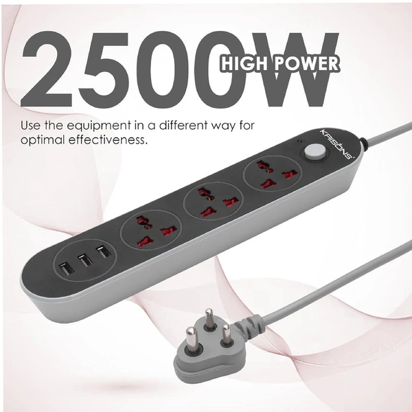 Krisons Power Plate 001 with 3 USB Port + 3 Power Sockets Smart Electric Universal Extension Board Multi Plug with 2500W, 3Mtr Cord Length, 2.1A USB Output(Black)