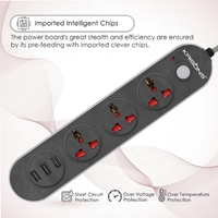 Krisons Power Plate 001 with 3 USB Port + 3 Power Sockets Smart Electric Universal Extension Board Multi Plug with 2500W, 3Mtr Cord Length, 2.1A USB Output(Black)