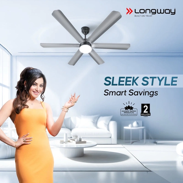 LONGWAY Longway Luminair 1200 Mm BLDC Ceiling Fan With Remote Control & LED Light | BEE 5 Star Rated Energy Efficient | Ultra High Speed 6 Blade Anti-Dust Decorative Ceiling Fan | 5 Years Warranty (Steel Gray, Pack Of 1)