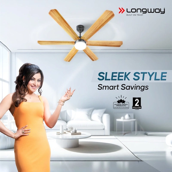 LONGWAY Longway Luminair Max 1200 Mm BLDC Ceiling Fan With Remote Control & LED Light | BEE 5 Star Rated Energy Efficient | Ultra High Speed 6 Blade Anti-Dust Decorative Ceiling Fan | 5 Years Warranty (Golden Birch, Pack Of 1)