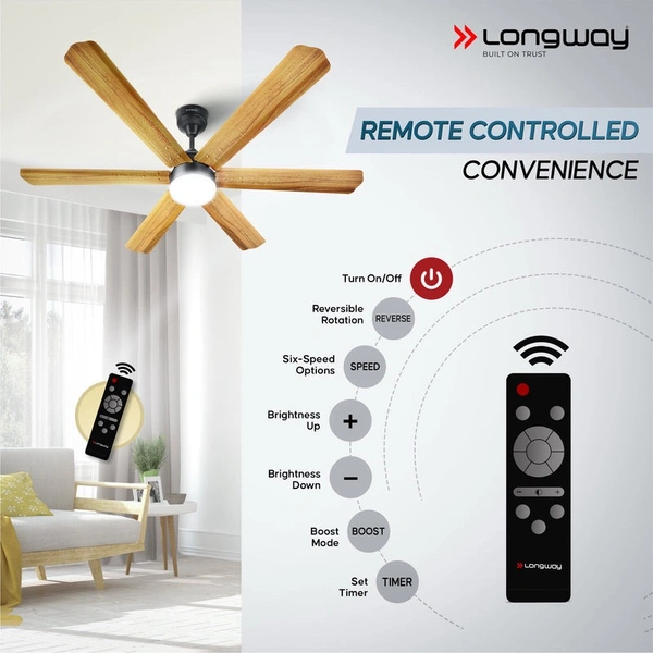 LONGWAY Longway Luminair Max 1200 Mm BLDC Ceiling Fan With Remote Control & LED Light | BEE 5 Star Rated Energy Efficient | Ultra High Speed 6 Blade Anti-Dust Decorative Ceiling Fan | 5 Years Warranty (Golden Birch, Pack Of 1)