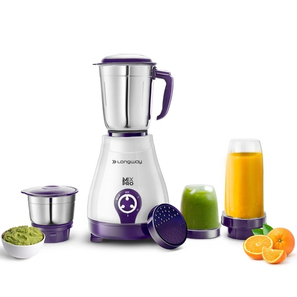 LONGWAY Longway Mix Pro 550 Watt Mixer Grinder With 4 Jars For Grinding, Mixing, Blending, Juicing With Powerful Motor | 2 Year Warranty | (Purple, 4 Jars)