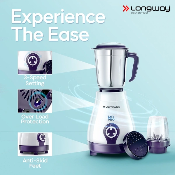 LONGWAY Longway Mix Pro 550 Watt Mixer Grinder With 4 Jars For Grinding, Mixing, Blending, Juicing With Powerful Motor | 2 Year Warranty | (Purple, 4 Jars)