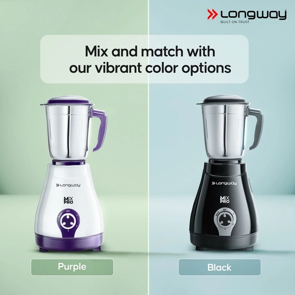 LONGWAY Longway Mix Pro 550 Watt Mixer Grinder With 4 Jars For Grinding, Mixing, Blending, Juicing With Powerful Motor | 2 Year Warranty | (Purple, 4 Jars)