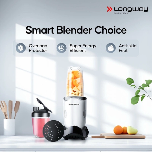 LONGWAY Longway Nutri Power 600 W Bullet Mixer Grinder & Smoothie Maker With Stainless Steel Blades & ABS Plastic Body | 22000 RPM | 3 Years Warranty (2 Jars, Silver)