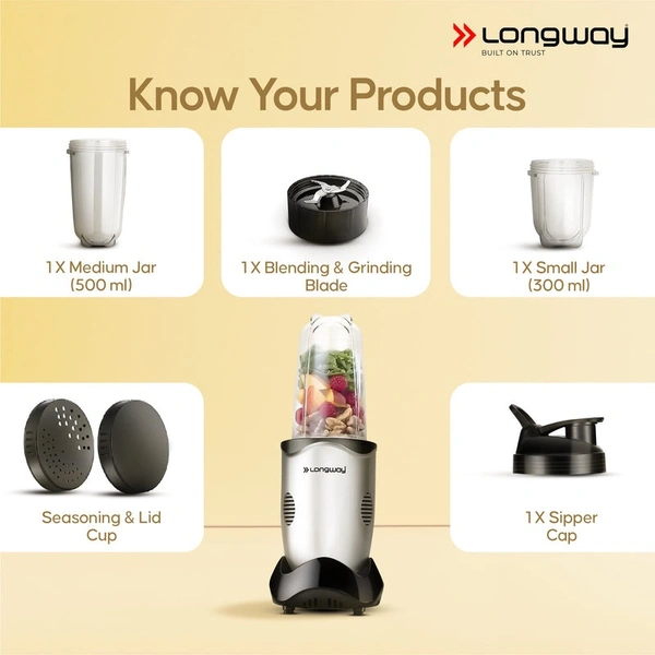LONGWAY Longway Nutri Power 600 W Bullet Mixer Grinder & Smoothie Maker With Stainless Steel Blades & ABS Plastic Body | 22000 RPM | 3 Years Warranty (2 Jars, Silver)