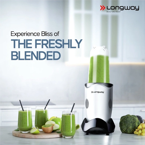 LONGWAY Longway Nutri Power 600 W Bullet Mixer Grinder & Smoothie Maker With Stainless Steel Blades & ABS Plastic Body | 22000 RPM | 3 Years Warranty (2 Jars, Silver)