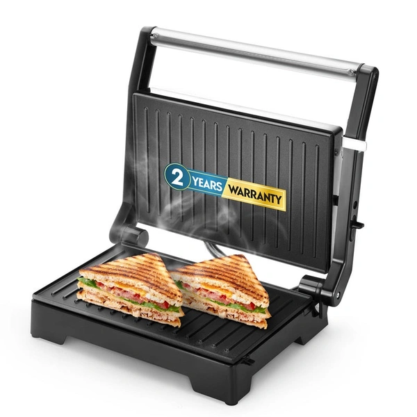 LONGWAY Longway Crisp Master 1000 W Electric Panini Sandwich Maker, Grill & Toaster | Non-Stick Coating Cast Aluminum Plates | Adjustable Height Control & Floating Hinges | Grills Sandwiches, Bread, Burger, Grilled Chicken & Kebabs (Metallic Silver)