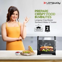 LONGWAY Longway Crisp Master 1000 W Electric Panini Sandwich Maker, Grill & Toaster | Non-Stick Coating Cast Aluminum Plates | Adjustable Height Control & Floating Hinges | Grills Sandwiches, Bread, Burger, Grilled Chicken & Kebabs (Metallic Silver)