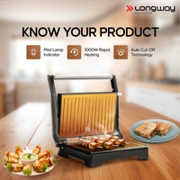 LONGWAY Longway Crisp Master 1000 W Electric Panini Sandwich Maker, Grill & Toaster | Non-Stick Coating Cast Aluminum Plates | Adjustable Height Control & Floating Hinges | Grills Sandwiches, Bread, Burger, Grilled Chicken & Kebabs (Metallic Silver)