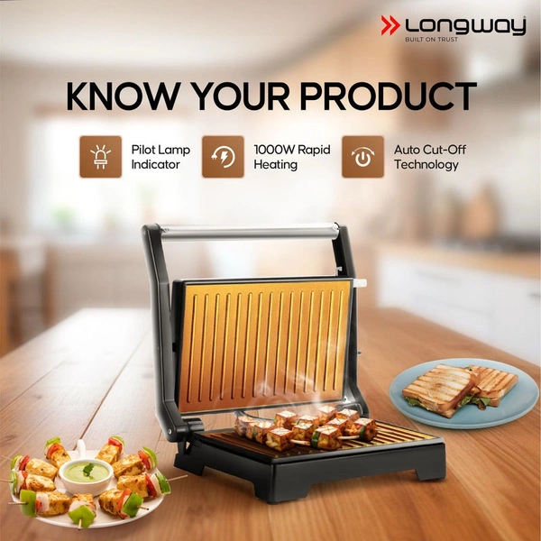 LONGWAY Longway Crisp Master 1000 W Electric Panini Sandwich Maker, Grill & Toaster | Non-Stick Coating Cast Aluminum Plates | Adjustable Height Control & Floating Hinges | Grills Sandwiches, Bread, Burger, Grilled Chicken & Kebabs (Metallic Silver)