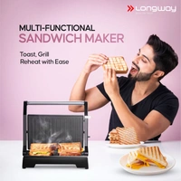 LONGWAY Longway Crisp Master 1000 W Electric Panini Sandwich Maker, Grill & Toaster | Non-Stick Coating Cast Aluminum Plates | Adjustable Height Control & Floating Hinges | Grills Sandwiches, Bread, Burger, Grilled Chicken & Kebabs (Metallic Silver)