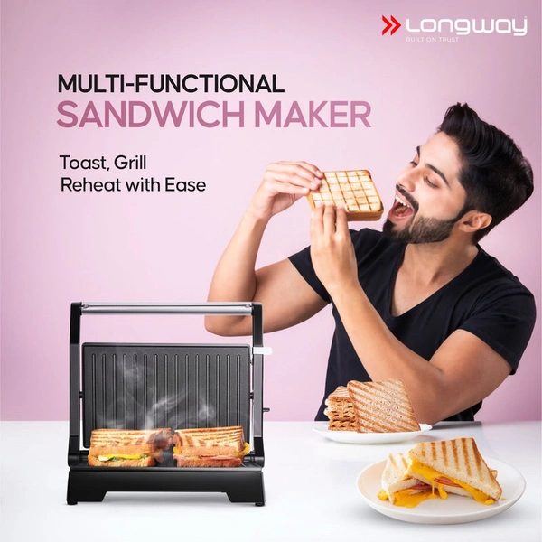 LONGWAY Longway Crisp Master 1000 W Electric Panini Sandwich Maker, Grill & Toaster | Non-Stick Coating Cast Aluminum Plates | Adjustable Height Control & Floating Hinges | Grills Sandwiches, Bread, Burger, Grilled Chicken & Kebabs (Metallic Silver)