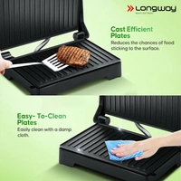 LONGWAY Longway Crisp Master 1000 W Electric Panini Sandwich Maker, Grill & Toaster | Non-Stick Coating Cast Aluminum Plates | Adjustable Height Control & Floating Hinges | Grills Sandwiches, Bread, Burger, Grilled Chicken & Kebabs (Metallic Silver)