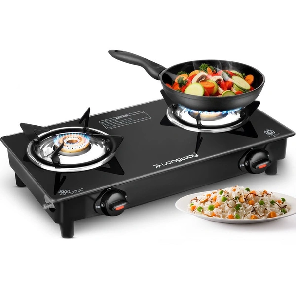 Longway Furn Glass Top, 2 Burner Manual Ignition Glass Gas Stove (Black, ISI Certified, 2 Year Warranty)