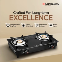 Longway Furn Glass Top, 2 Burner Manual Ignition Glass Gas Stove (Black, ISI Certified, 2 Year Warranty)