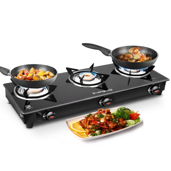 LONGWAY Longway Furn Glass Top, 3 Burner Manual Ignition Glass Gas Stove (Black, ISI Certified, 2 Year Warranty)