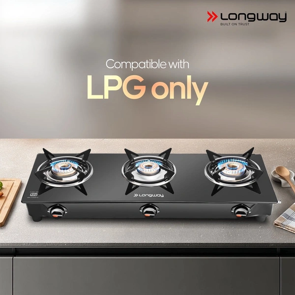LONGWAY Longway Furn Glass Top, 3 Burner Manual Ignition Glass Gas Stove (Black, ISI Certified, 2 Year Warranty)