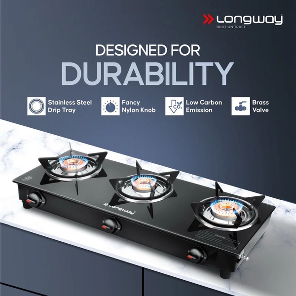 LONGWAY Longway Furn Glass Top, 3 Burner Manual Ignition Glass Gas Stove (Black, ISI Certified, 2 Year Warranty)