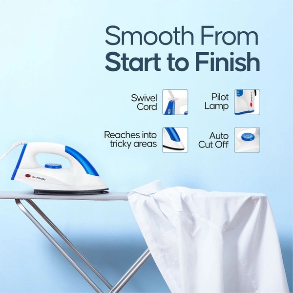 LONGWAY Longway Grace Light Weight Non-Stick Teflon Coated Dry Iron, Electric Iron For Clothes | 2 Years Warranty| (1100 Watt, Blue)