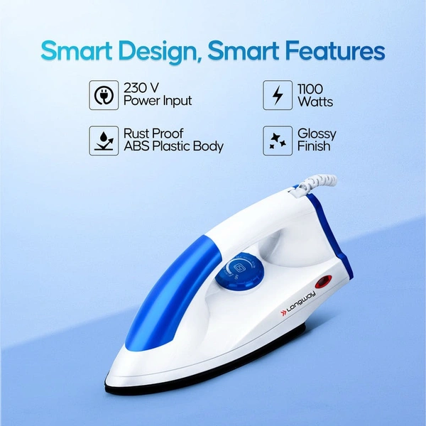 LONGWAY Longway Grace Light Weight Non-Stick Teflon Coated Dry Iron, Electric Iron For Clothes | 2 Years Warranty| (1100 Watt, Blue)